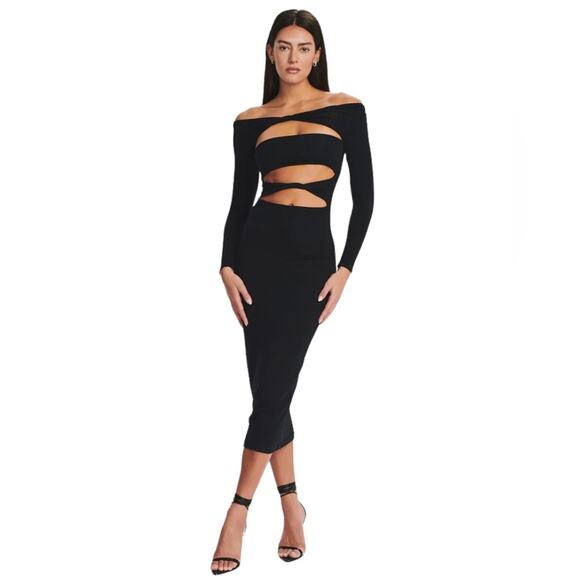 NWT SER•O•YA Black Bodycon Cutouts Midi Stretchy Eden Dress Size XLarge - Picture 1 of 14